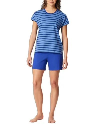 Schiesser Shorty Casual Essentials (2 tlg) - Unifarbenes Shirt & Gestreifte Hose in Blau XL (42) - Bequeme Nachtwäsche für entspannte Abende: Dieses 2-teilige Set aus 100% Baumwolle überzeugt mit einem Rundhalsausschnitt und elastischem Bund für optimalen Tragekomfort.