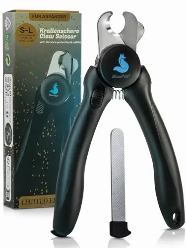 BluePet Krallenschere mit Schutz für Hunde & Katzen I Einsteigerfreundlich I Krallenzange für kleine & große Krallen + Krallenfeile im Griff