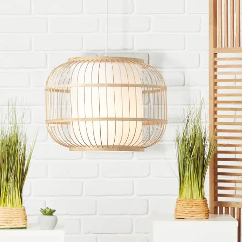 Lightbox moderne Hängelampe im Nature Style - Pendelleuchte ist in der Höhe kürzbar - geeignet für 1x E27 - Metall/Bambus Natur/weiß - 40cm Durchmesser