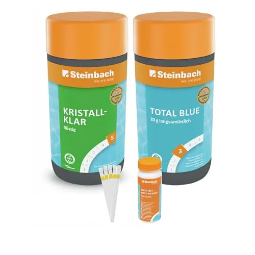 Steinbach Poolpflege Kristallklar + Total Blue Starter-Set 1 l - Chlor Algenbekämpfungsmittel mit 50 Teststreifen zur genauen Wasserkontrolle, sorgt für glasklares Poolwasser und verhindert Algenwachstum.
