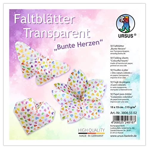 Ursus 38065502 - Transparentpapier-Faltblätter Bunte Herzen, 50 Faltblätter 15 x 15 cm, einseitig bedruckt, zum Basteln und Falten von Figuren, Sternen und Fensterbildern