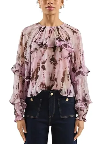 QS Chiffonbluse mit Rüschen – Modisches Shirt - Leichte Chiffonbluse im Loose Fit mit modischem Alloverprint. Rüschen und Gummibündchen sorgen für einen besonderen Look. Ideal für vielseitige Anlässe und entspannte Outfits.