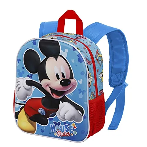 Disney Micky Maus House 3D Rucksack, Blau - Vorschulrucksack mit 3D-Frontrelief, ideal für kleine Micky Maus-Fans. Hauptfach mit Reißverschluss und praktische seitliche Netztaschen für Snacks oder Trinkflasche.