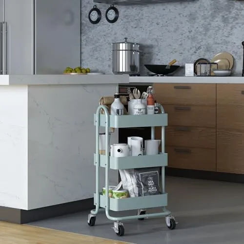 [en.casa] Servierwagen Pyhäntä - Vielseitiger Rollwagen mit 3 Ebenen - Servierwagen mit 3 Ablagekörben, ideal für Küche, Bad oder Büro. Ausgestattet mit leichtgängigen Rollen und 2 Feststellbremsen für sicheren Stand und einfache Handhabung.