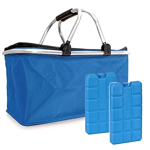 Einkaufskorb faltbar isoliert 25L & 2x Kühlakkus I Isolierkorb mit gepolsterten Tragegriffen & Reißverschluss am Deckel I Leicht klappbarer Kühlkorb