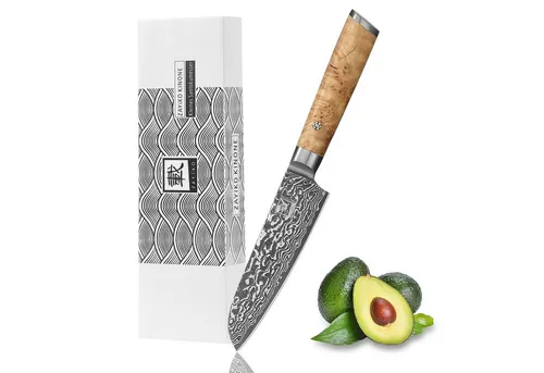 zayiko Kinone Premium Santokumesser - 12 cm Damaststahl - Santoku-Messer mit 12 cm Klinge aus 67 Lagen Damaststahl, ergonomischer Birkenwurzelholzgriff für müheloses Schneiden, ideal für Hobby- und Profiköche, inklusive eleganter Geschenkbox.