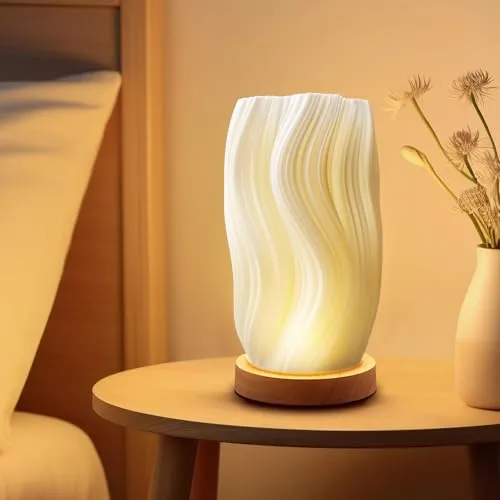 LEKEFETO Nachttischlampe Tischlampe, 3D Dekor Tischlampe mit Holzsockel & Blumenhalter – Kunstvolle Nachttischlampe mit warmweißer Beleuchtung für Wohnzimmer, Schlafzimmer (Φ11x20,5cm)