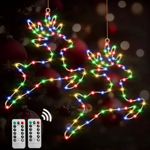 Therlan Beleuchtet Rentier Weihnachtsdeko Lichterketten, 2 Stück 80 LEDs Batteriebetrieben Weihnachtsbeleuchtung Fensterdeko mit Timer 8 Modi, Weihnachten Lichter Deko für Fenster Balkon, Mehrfarbig