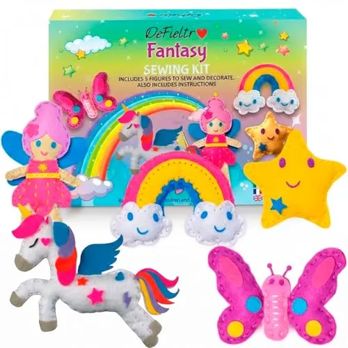 DeFieltro Nähset Kinder ab 6-12 Jahre, Einhorn Bastelset zum Nähen Kinder, Komplettes DIY Set mit 5 Fantasie-Figuren, Sicheren Nadeln und Zubehör, Kreatives Geschenk für Mädchen und Jungen