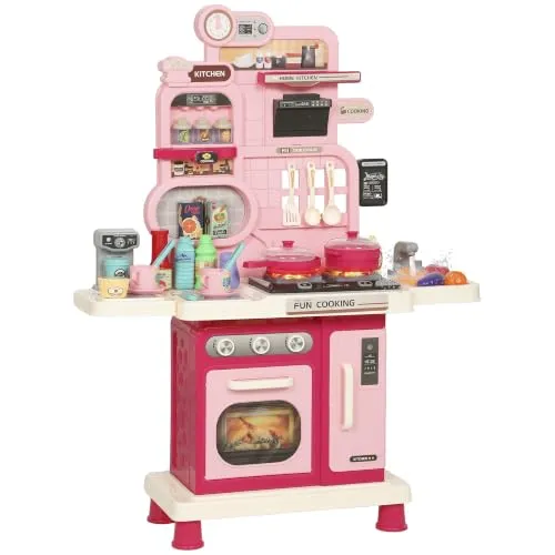 AIYAPLAY Kinderküche Kinder 33-teilig Spielküche Zubehör 3-6 Jahren | mit Licht, Sound, Stauraum, Spielspüle, Herd und Backofe, Küchengeräte Kinder Spielzeug für Jungen Mädchen Rosa