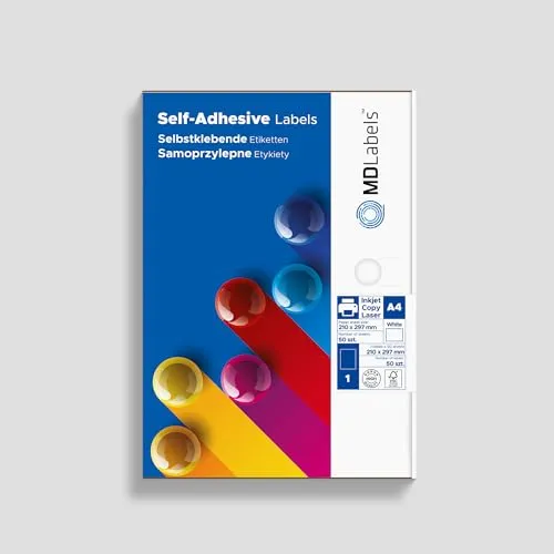 MD Labels Universal Etiketten DIN A4 210x297 50 Blatt selbstklebend, bedruckbar, matt, blanko Papier Klebeetiketten Aufkleber, weiß