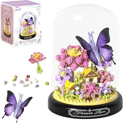 Schmetterling Blumenstrauß Bausteine Bausatz, kreativer DIY Insekt Blumen Bauset Blumen Pflanzen Blumenstrauß mit Staubschutzhülle, Insekt Blumenstrauß Bauspielzeugsets Geschenke für Erwachsene Frauen