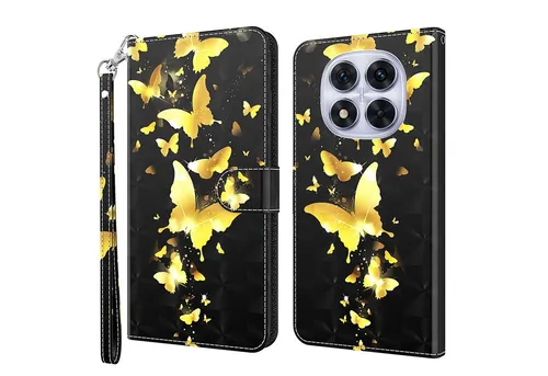 CLM-Tech Handytasche für Xiaomi Redmi Note 14 PRO 5G Hülle aus PU-Leder Klapphülle (Schmetterlinge gold schwarz, Handyhülle mit Standfunktion - Wallet Flip Case inklusive Kartenfächer), Cover mit Magnetverschluss für Xiaomi Redmi Note 14 Pro 5G / 4G
