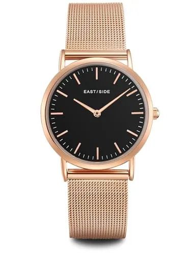Eastside Quarzuhr Cassina roségold mit Edelstahl-Armband - Elegante Armbanduhr in roségold mit schwarzem Zifferblatt, wasserdicht bis 3 bar und geschraubtem Gehäuseboden – ideal für stilbewusste Frauen.