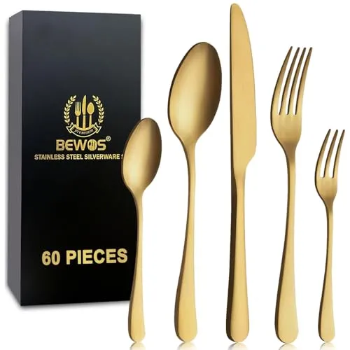 BEWOS 60-teiliges Titanium Gold Besteck Set für 12 Personen