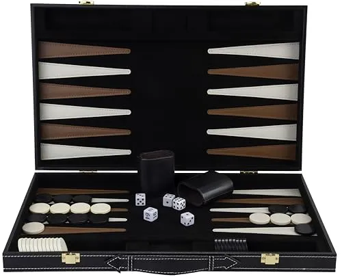 Engelhart Backgammon-Spiel aus Holz mit Kunstleder-Lackierungen - 250504 - Gesellschaftsspiel aus Holz mit edlem Kunstleder-Überzug, ideal für stundenlangen Spielspaß mit Freunden und Familie, inklusive 5 Würfeln, 2 Bechern und Chips.