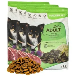 Lecker.Pet® Josie's Adult Lamm & Reis Hundefutter 12 kg - Hundefutter für erwachsene Hunde, leicht verdaulich mit hohem Reisanteil für optimale Verträglichkeit und Gelenkunterstützung durch Muschelextrakt.