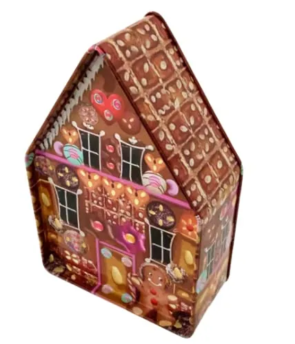 MediMuc Lebkuchenhaus Christmas - weihnachtlich bedruckte Dose mit Spitzdach und Lebkuchenmotiven - lebensmittelecht - Keksdose, Blechdose - Maße: (L x Bx H): 18,0 x 12,0 x 5,8cm
