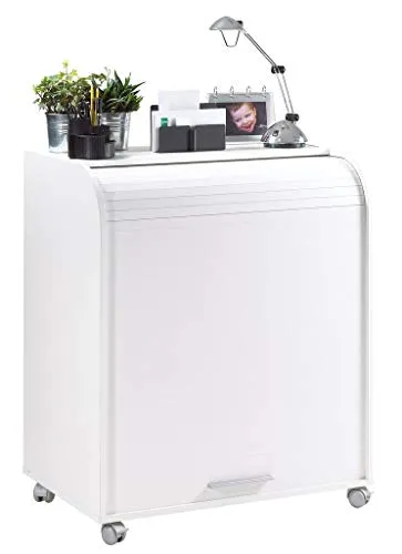SIMMOB Schreibtisch MUST095BL - Mobiler Computertisch mit Laufrollen - Schreibtisch für ein aufgeräumtes Homeoffice! Mit innovativer Rolltür für platzsparende Nutzung und höhenverstellbaren Regalböden für flexiblen Stauraum. Praktisch auf Rollen für maximale Mobilität.