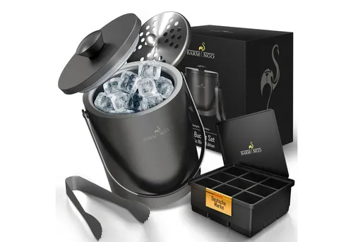 BARMINGO Edelstahl Eiswürfelbehälter mit Deckel - 2l Eiskübel für stundenlange Kühlung - Eiswürfelformen & Eiswürfelschalen: Doppelwandiger, isolierter Eiskübel aus Edelstahl hält Eiswürfel bis zu 6 Stunden kalt – ideal für Partys und Sommernachmittage.