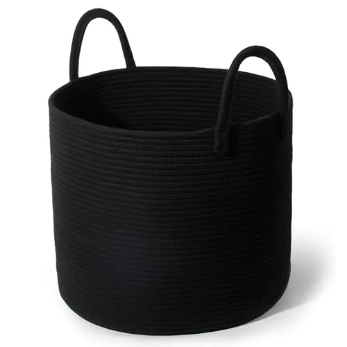 SYLANDO D40*H34cm Waschekorb aus Baumwolle mit Griffen, Aufbewahrungskorb Geflochten, Laundry Baskets, Korb Aufbewahrung für decken, spielzeug, kuscheltier,Kleidung (Schwarz-D40*H34-A)