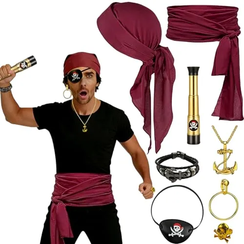 XILEPINGAN 8 Stück Pirate Accessories Set, Mittelalter Piratenkostüm Zubehör mit Piraten Kopftuch, Gürtel, Augenklappe, Ohrringe, Halskette und Armband, Piraten Zubehör für Cosplay (Männer)