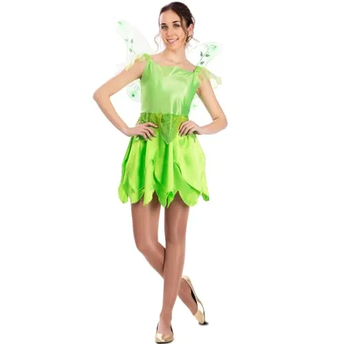 Tinkerbell Kostüm für Damen mit Flügeln – Gr. S-XL - Kostüm-Outfits für Erwachsene, 2-teiliges Set mit grünem Kleid und glitzernden Flügeln, ideal für Fasching und Karneval – verwandle dich in die zauberhafte Tinkerbell!