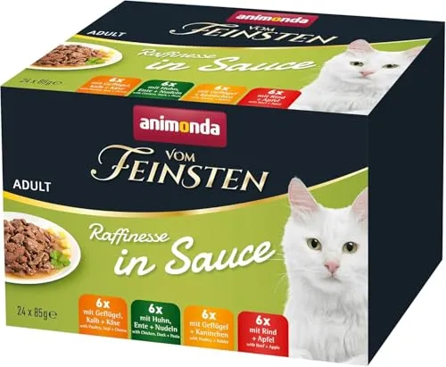 animonda vom Feinsten Premium Katzenfutter nass Raffinesse in Sauce, 24 Portionsbeutel (24 x 85g), hochwertiges Katzen Nassfutter ohne Zucker, mit frischen fleischigen Zutaten