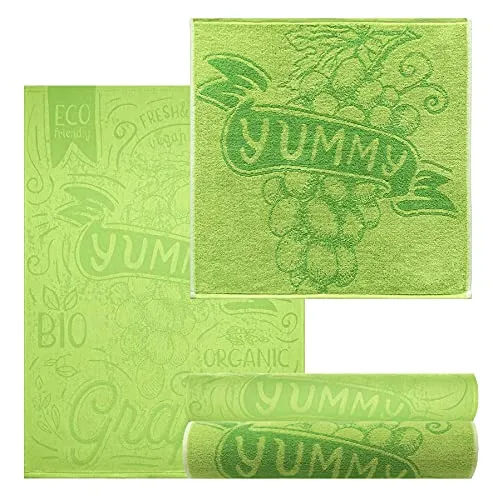 Lashuma Geschirrhandtuch Set 50x50cm – 50x70cm Grün, Design: Weintraube, 2X Frotteetücher - 2X Küchenhandtücher