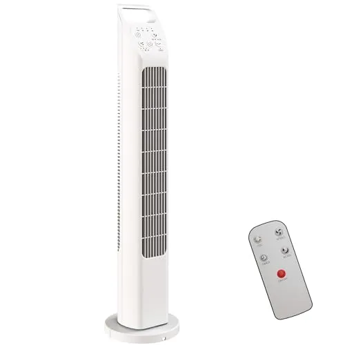 HOMCOM Turmventilator mit Fernbedienung, 75° oszillierend, 3 Geschwindigkeiten, 7,5-Stunden-Timer, leise - Dieser elegante Turmventilator bietet drei Geschwindigkeiten und Modi für individuellen Komfort. Mit 75° Oszillation sorgt er für eine großflächige Kühlung. Der 7,5-Stunden-Timer ermöglicht eine flexible Nutzung, ideal für Schlafzimmer und Büro.