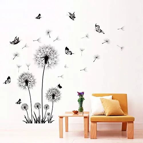 Runtoo Wandtattoo Pusteblume Schmetterling Wandsticker Schwarz Blumen Wandaufkleber Kinderzimmer Wohnzimmer Schlafzimmer