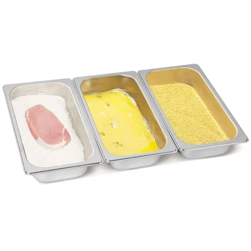 Cokaca 3-teiliges Panierschalen Set, GN 1/3 Behälter aus Edelstahl Schale Rechteckig Metall-Panierstrasse - 32,5 x 17,5 x 6,5 cm - ideal für Schnitzel, Fleisch, Fisch