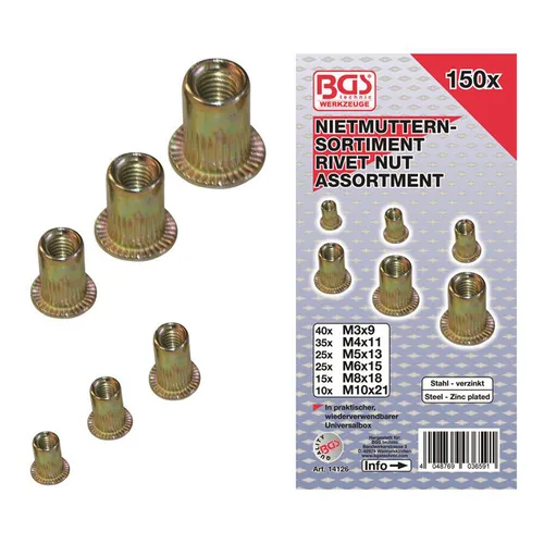BGS-14126 Nietmuttern-Sortiment, verzinkter Stahl, 150-tlg.