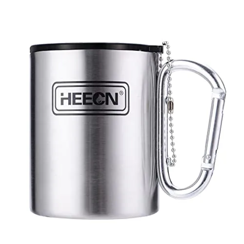 HEECN® Karabiner Tasse mit Deckel - Camping Becher - Edelstahl Tasse - Thermo - Doppelwandige Isolierbecher - Rucksacktourismus - Trekking - Wandern HESS-032BBK
