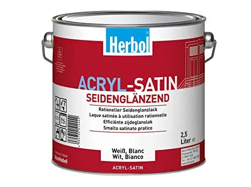 Herbol Acryl Satin 750 ml weiß - Hochwertiger Satinlack für Innen- und Außenanwendungen, halbtransparent und leicht zu verarbeiten mit Roller, Spritze oder Pinsel.