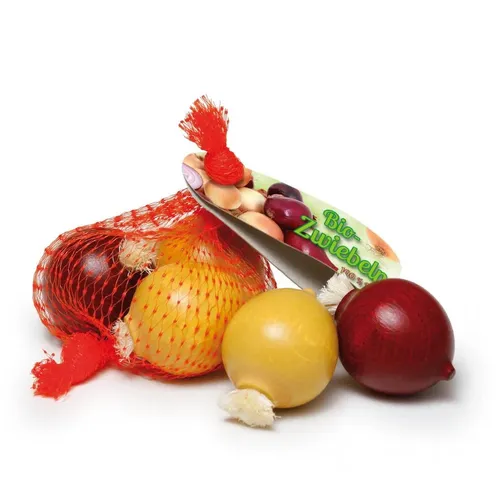 Erzi Zwiebeln im Netz aus Holz, für den Kaufladen & Kinderküche