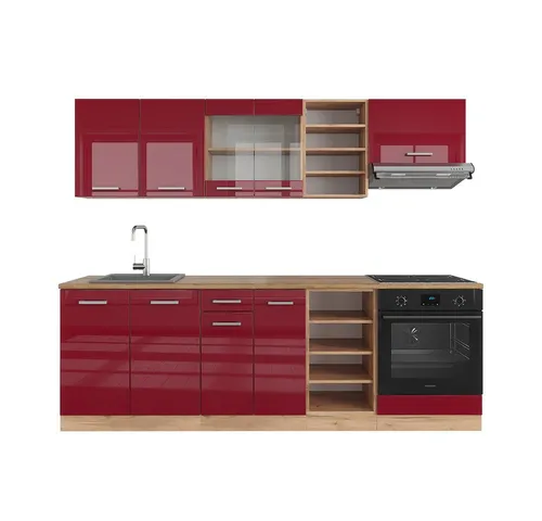 Vicco Küchenzeile R-Line - Bordeaux Hochglanz & Goldkraft Eiche - Küchenzeilen mit flexibler Modulgestaltung für individuelle Küchenlösungen. Höhenverstellbare Füße für stabilen Aufbau auf unebenen Böden.
