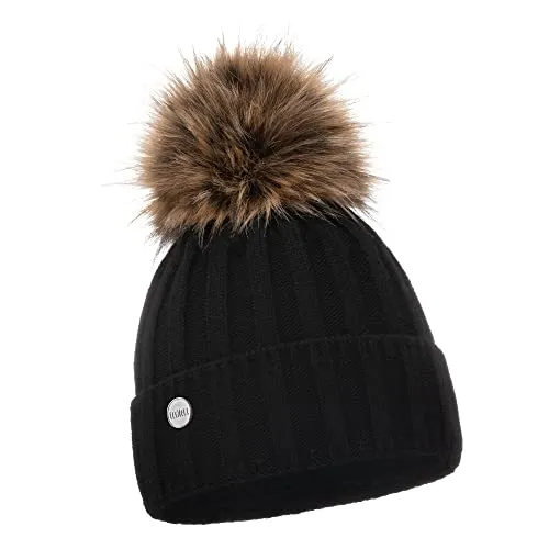 ELIMELI Kaschmir Mütze Damen Winter warme Strickmütze Wollmütze mit Kaschmir Wintermütze mit Kunstfell Bommel Slouch Strick Beanie Damen für Winter Bommelmütze Hergestellt in EU (Schwarz)