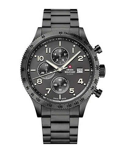 Swiss Military by Chrono Herren Uhr Chronograph Quarzuhrwerk mit Edelstahl Metallarmband Analoge Herrenuhr Armbanduhr Schwarz SM34084.04