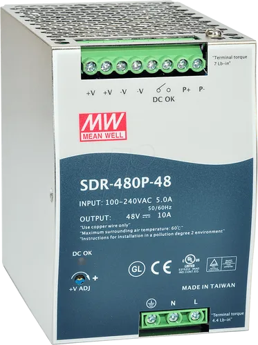 MW SDR480P-24 Schaltnetzteil - 480 W, 24 V, 20 A - Schaltnetzteil für Hutschiene mit hoher Effizienz von 94% und Überlastschutz. Ideal für industrielle Anwendungen und einfache Montage.