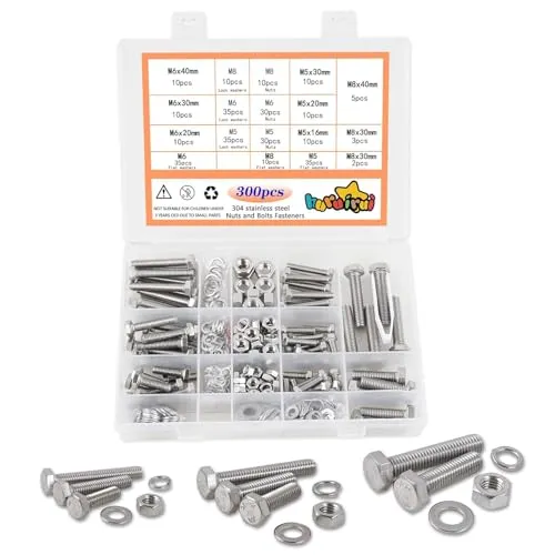 huruirui M5 M6 M8 Schraubensortiment mit Muttern Unterlegscheiben Set Schrauben mit Muttern Sechskantschrauben 300 Stück 304 Edelstahl Knopf Gewindeschrauben Sortiment für DIY Befestigungszubehör
