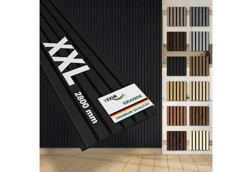 HEXIM Akustikpaneele 280x30cm Black Ash - 4er Set - Stilvolle Akustikpaneele zur Verbesserung der Raumakustik. Mit edlem Echtholzfurnier und robustem Filz bieten sie eine optimale Schalldämmung für jeden Raum.