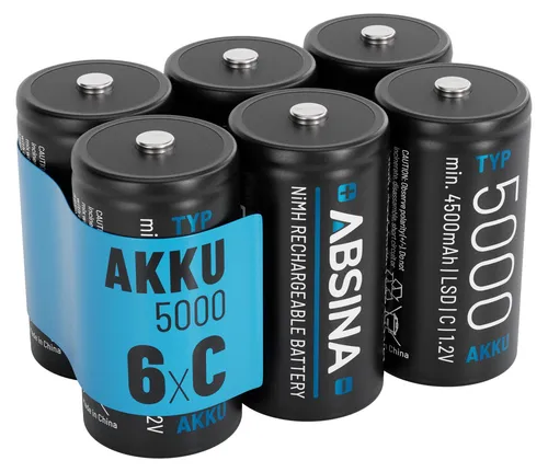 ABSINA 6X wiederaufladbare C Batterien 5000 mAh - Akkus für hohe Leistung: Ideal für Geräte mit hohem Strombedarf, umweltfreundlich und bis zu 1500 Mal wiederaufladbar. Sicher und langlebig durch Kälte- und Hitzebeständigkeit.