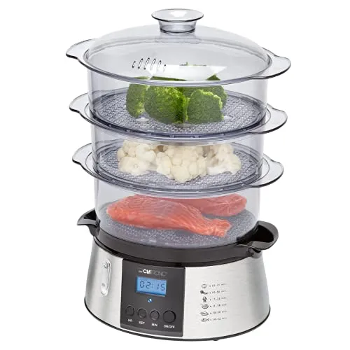 Clatronic DG 3547 Dampfgarer - Reiskocher mit 3 Dampfgarbehältern, ideal für vitaminreiches Garen von Gemüse und Fleisch, inkl. programmierbarem Digital-Timer und LCD-Display.