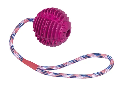Nobby Vollgummi Ball mit Seil - 7,5 cm Ball, 30 cm Nylonseil, flexibles Kauspielzeug für Zahnpflege und Apportierspaß