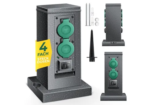 KESSER® Gartensteckdose Steinoptik mit 4 Steckplätzen - Steckdosen & Zubehör - Wasserdicht und flexibel, ideal für den Garten mit Dämmerungssensor für automatisches Einschalten und dekorativem Design.