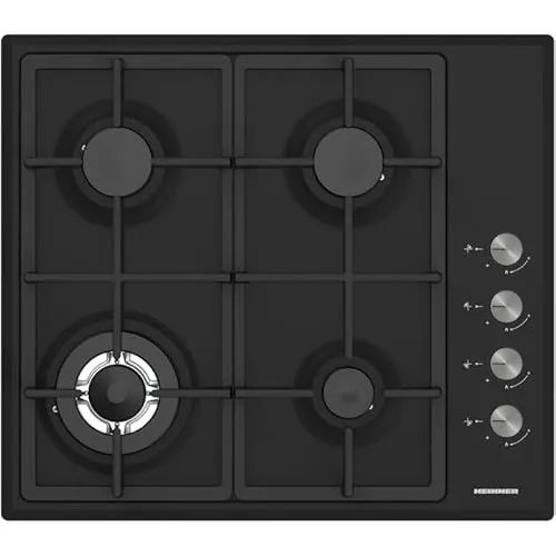 HEINNER HBH‑S4IWF‑BK – Einbau‑Kochplatte, 4 Gas‑Flammen, Gusseisen‑Grate, Wok‑Brenner, Sicherheitssystem & 5 Jahre Garantie – Schwarz Glas