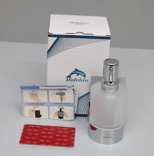 Dolvhin Seifenspender und Zahnputzbecher Set - Elegantes Seifenspender-Set aus Glas mit herausnehmbarem Zahnbecher und starkem 3M Klebestreifen für einfache Wandmontage ohne Bohren. Ideal für Badezimmer und Gästebad.