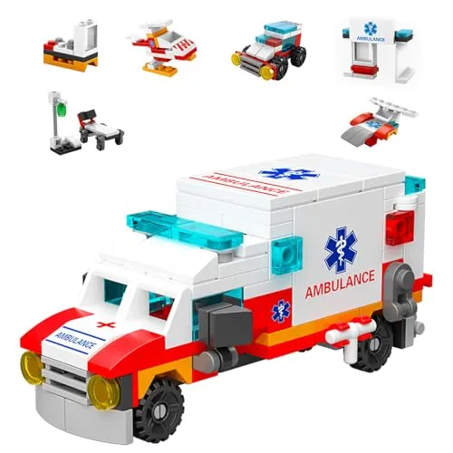 Vilbocr Einsatzfahrzeuge Bausteine Set – Polizeiauto, Feuerwehrauto, Krankenwagen, Tank, Rettungshubschrauber & Baufahrzeuge – STEM-Spielzeug, Kinder ab 6 Jahren (Ambulance)