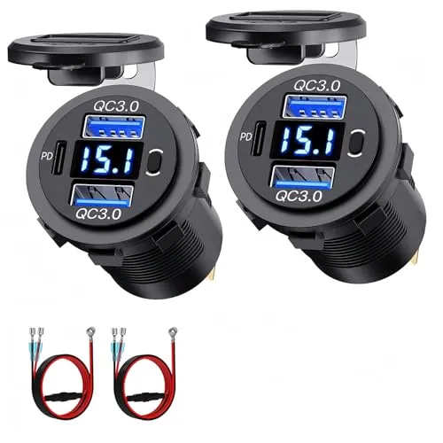 Intckwan 12V USB-Steckdose, 72W, Dreiport-Ladegerät mit simultaner Schnellladung (2xQC3.0 + PD) und EIN-/Ausschalter, USB-Einbaubuchse für 12–24V Auto, Motorräder, LKW, Boote, Wohnwagen (2 Stück)